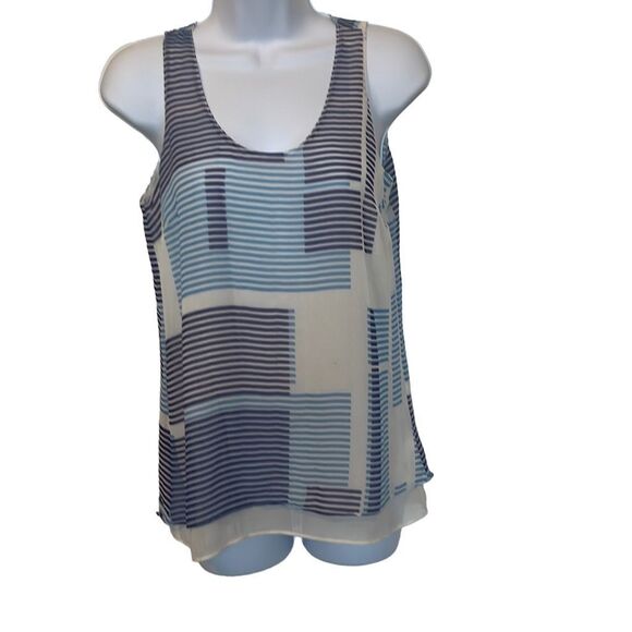 Calvin Klein Jeans Blue Cream Geometric Stripes Semi Sheer Blouse Top XS Flowy - Picture 1 of 8